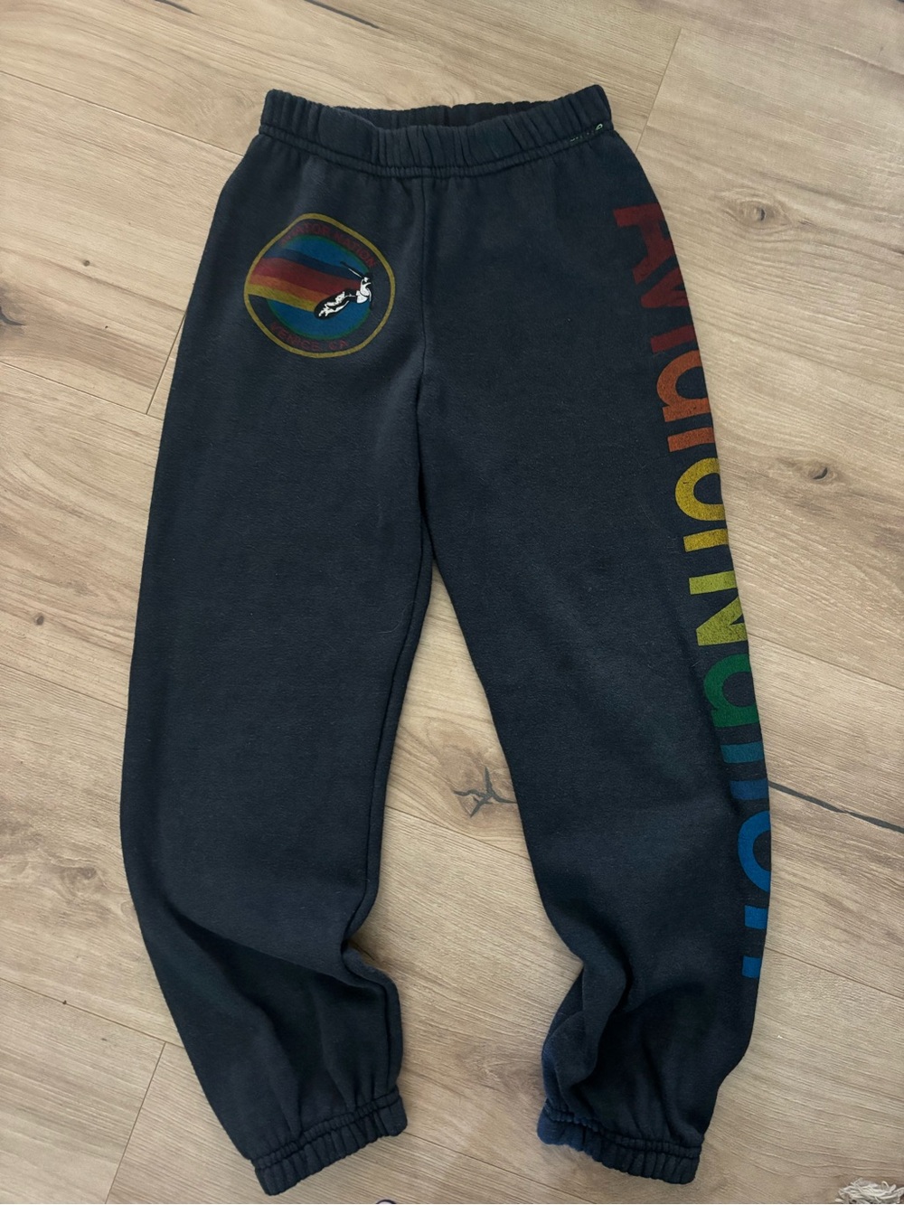 Aviator Nation Black Sweatpants with Rainbow Logo & Side Script